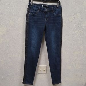 Kut from the Kloth Dark Blue Skinny Jeans With Faux Leather Strip Down Side Sz 4
